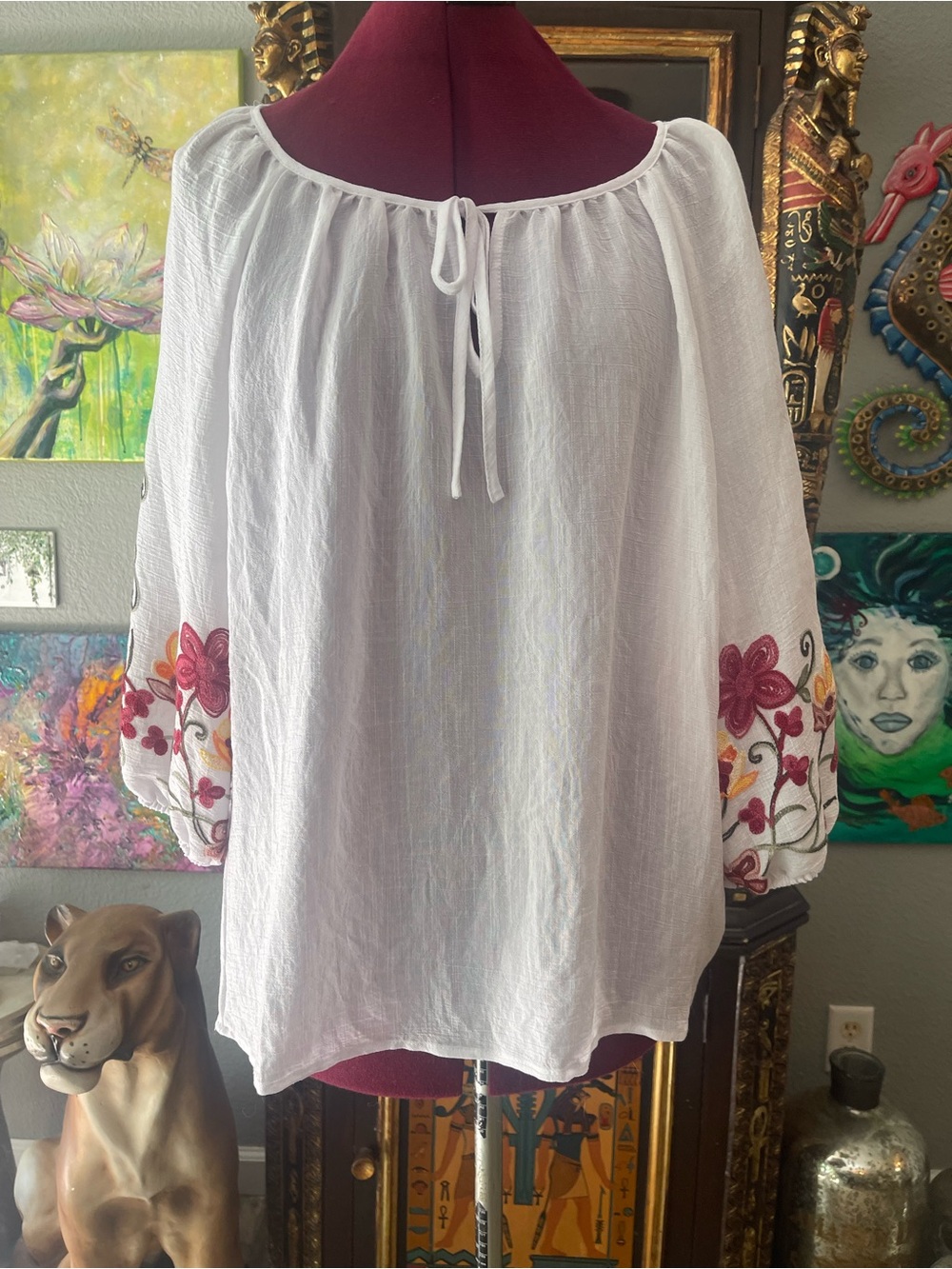 White Peasant Blouse with Pink Floral Embroidery